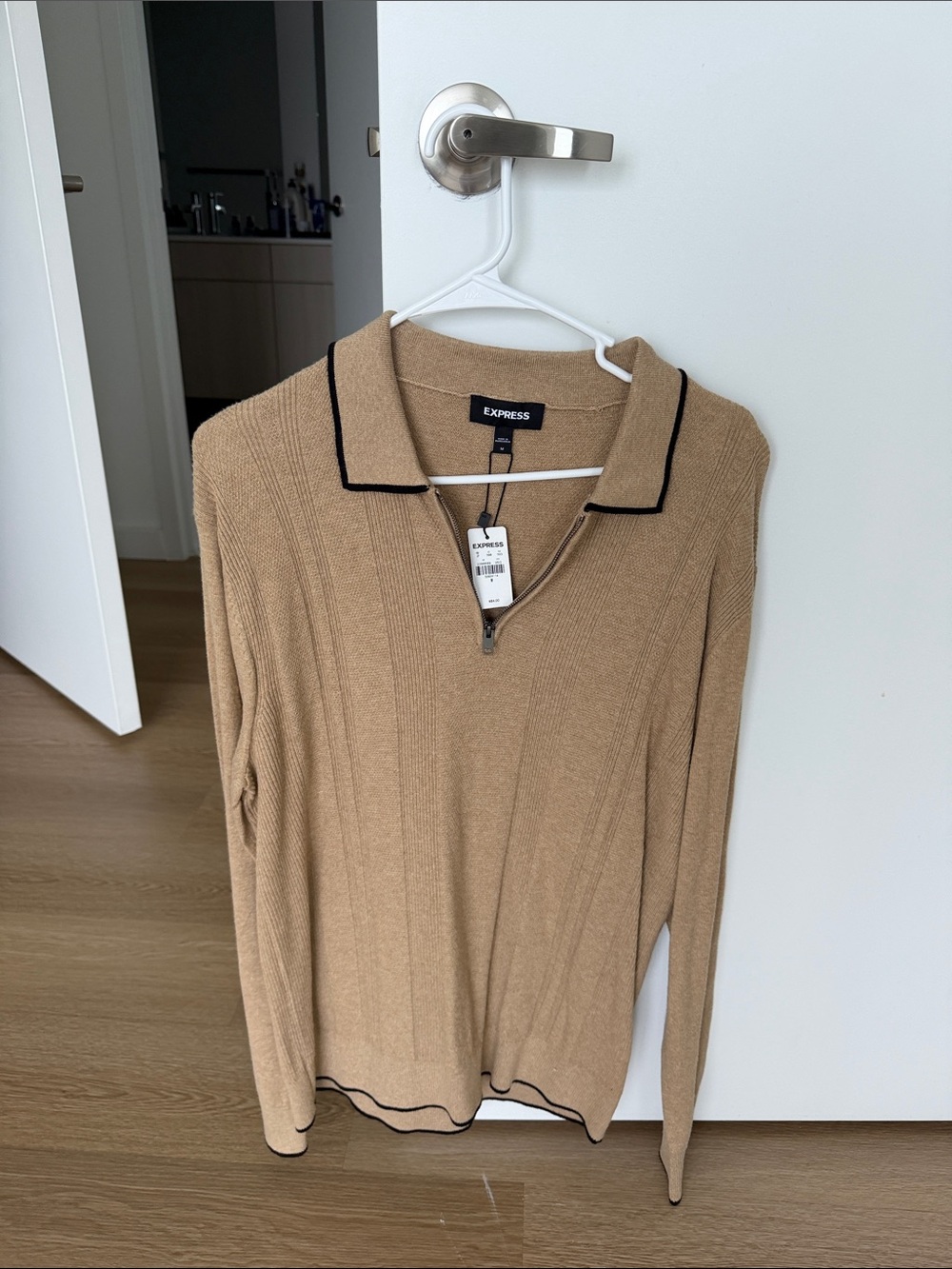 Express Men's Camel Zip Polo Sweater with Black Trim